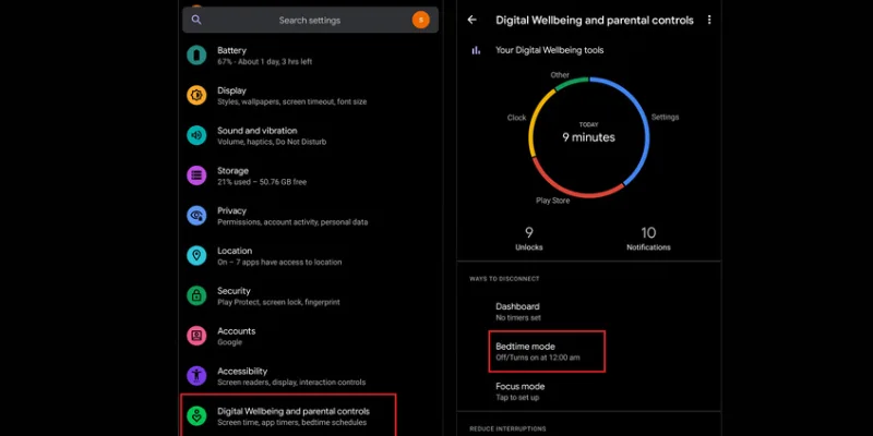 Digital wellbeing settings and bedtime mode