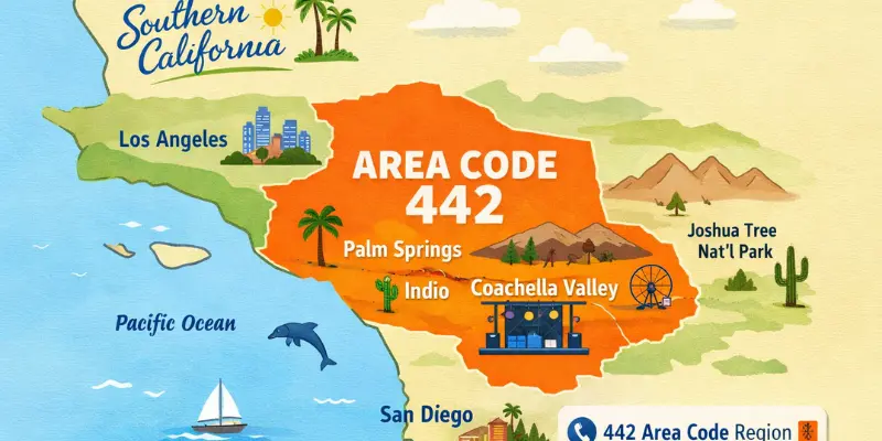 Map of Southern California showing phone code 442 regions