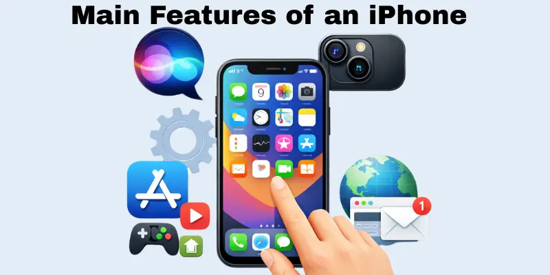 Main features of an iPhone with key icons and apps