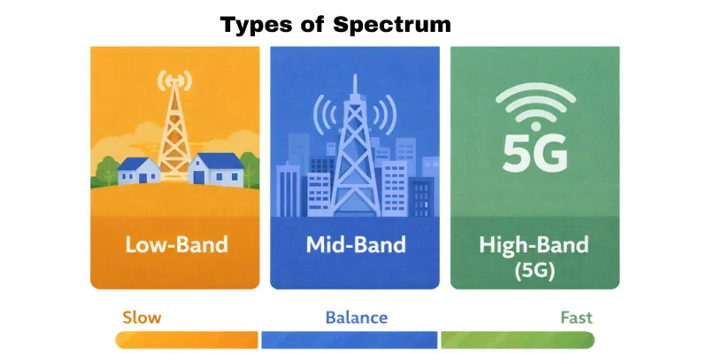 Types of mobile phone spectrum: Low, Mid, and High-Band