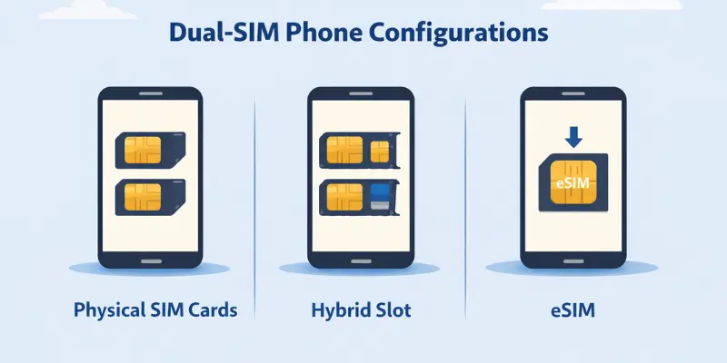 Dual Carrier Network and Dual-SIM options: Physical, Hybrid, eSIM