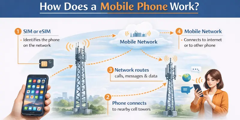 How a mobile phone works with network and towers