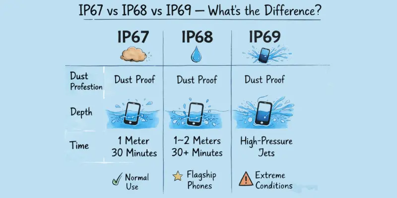 Phone IP rating comparison IP67 IP68 IP69