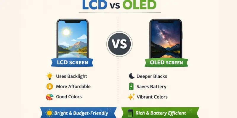 LCD vs OLED screen features in characteristics of a smartphone
