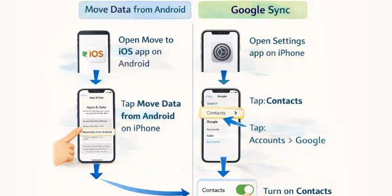 Transfer contacts from Android to iPhone via Move to iOS or Google Sync