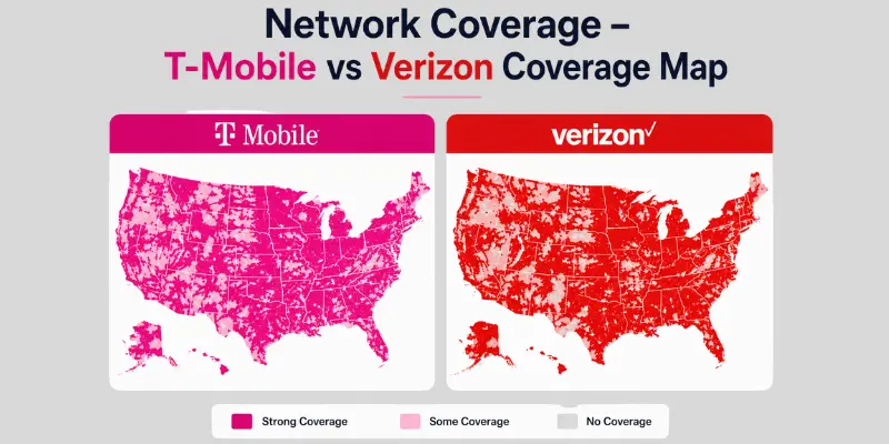 T-Mobile vs Verizon coverage map showing 5G network reach