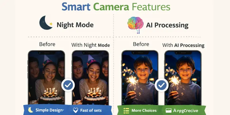 Smart camera features like Night Mode in characteristics of a smartphone