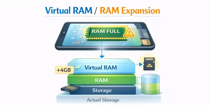 Virtual RAM and RAM expansion in a Smartphone