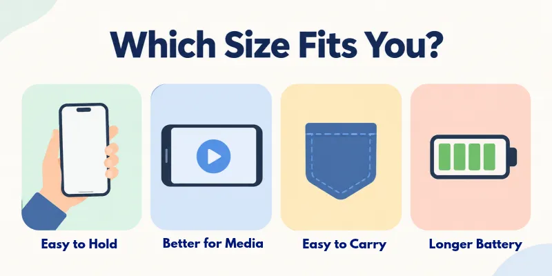 Phone size guide with four icons